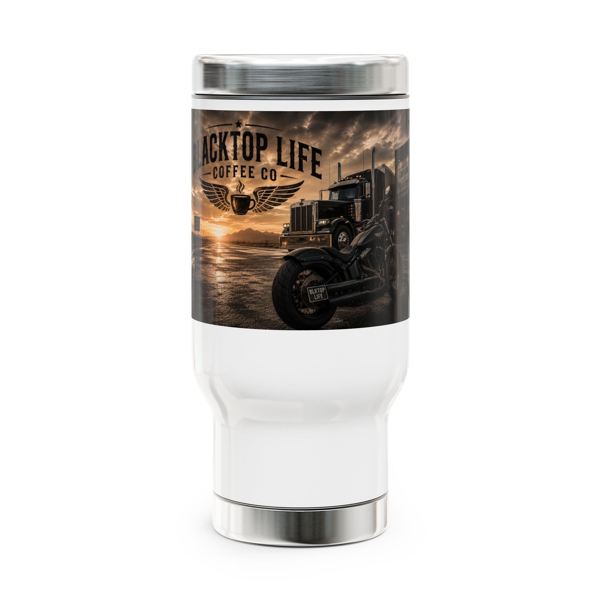 Blacktop Life Coffee Co. 14oz Stainless Travel Mug with Handle - Truckers' Sunset Design