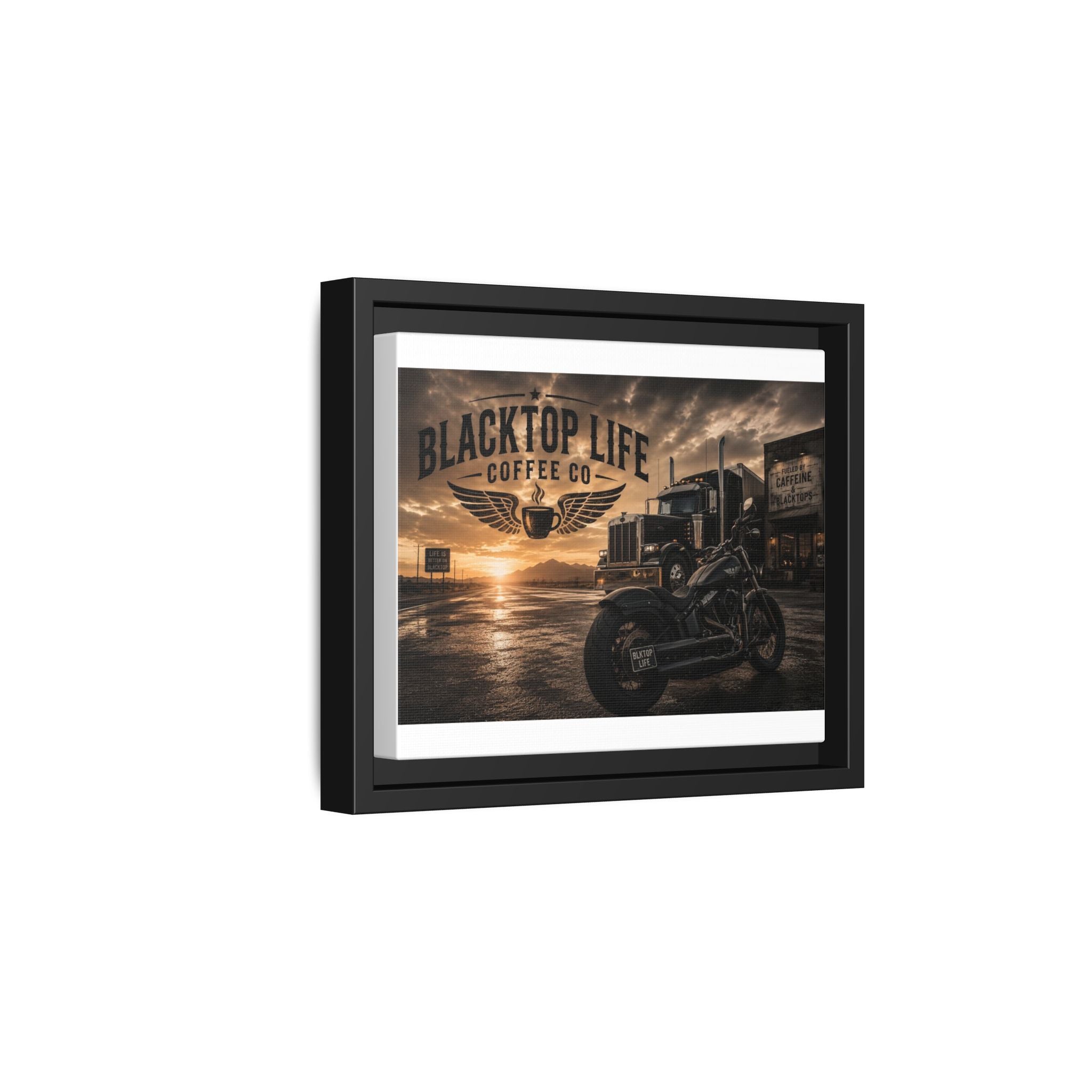 Blacktop Life Coffee Co. Matte Canvas Print — Framed Wall Art for Motorcycle & Trucker Decor