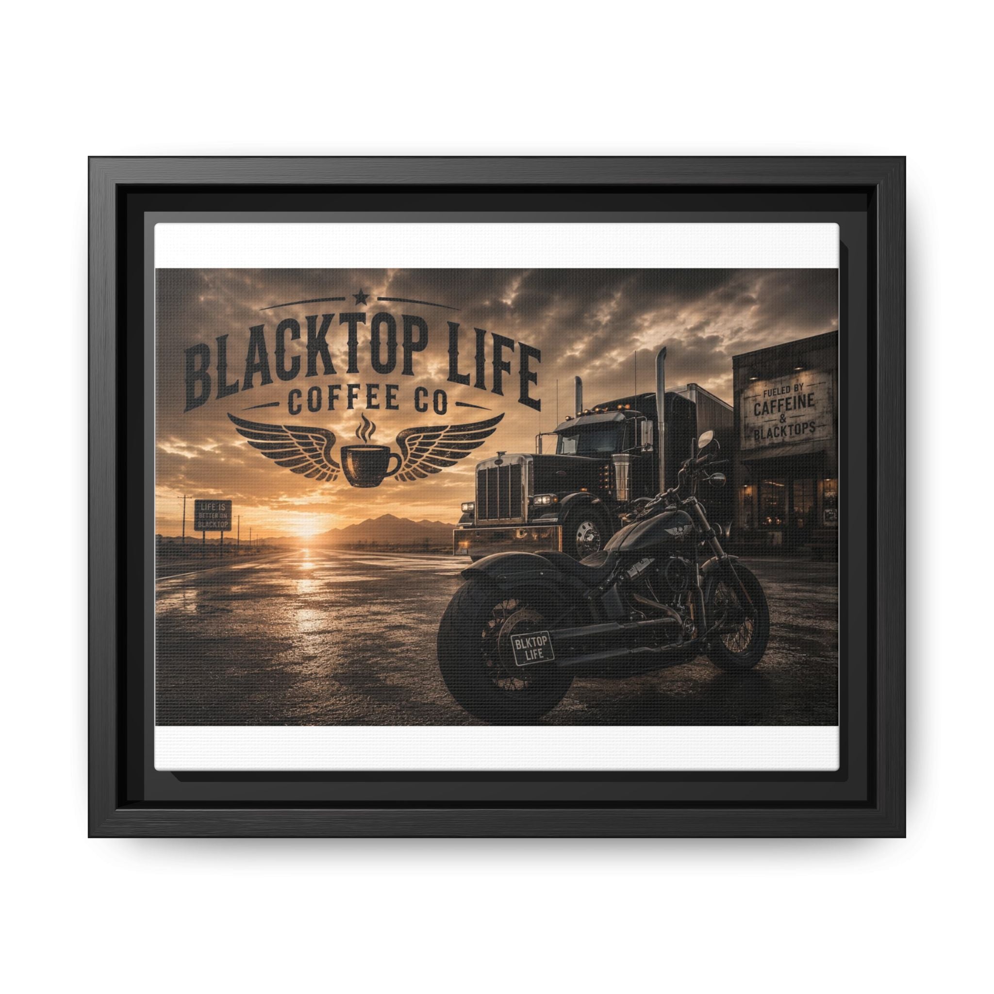 Blacktop Life Coffee Co. Matte Canvas Print — Framed Wall Art for Motorcycle & Trucker Decor