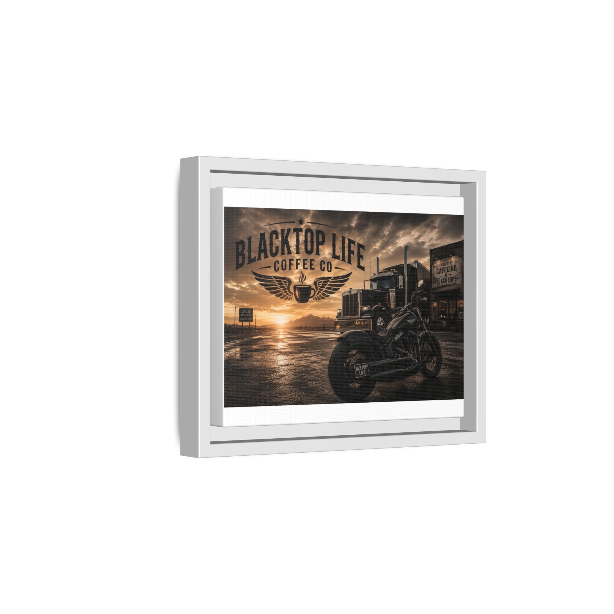 Blacktop Life Coffee Co. Matte Canvas Print — Framed Wall Art for Motorcycle & Trucker Decor