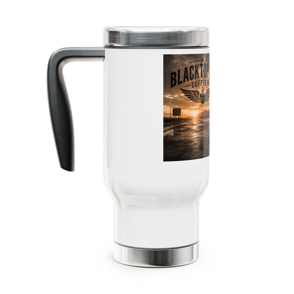 Blacktop Life Coffee Co. 14oz Stainless Travel Mug with Handle - Truckers' Sunset Design