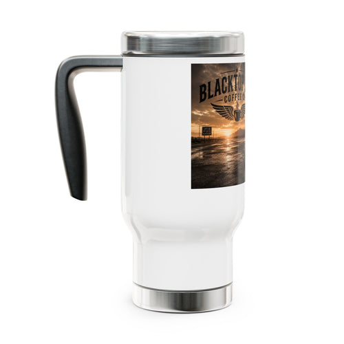 Blacktop Life Coffee Co. 14oz Stainless Travel Mug with Handle - Truckers' Sunset Design