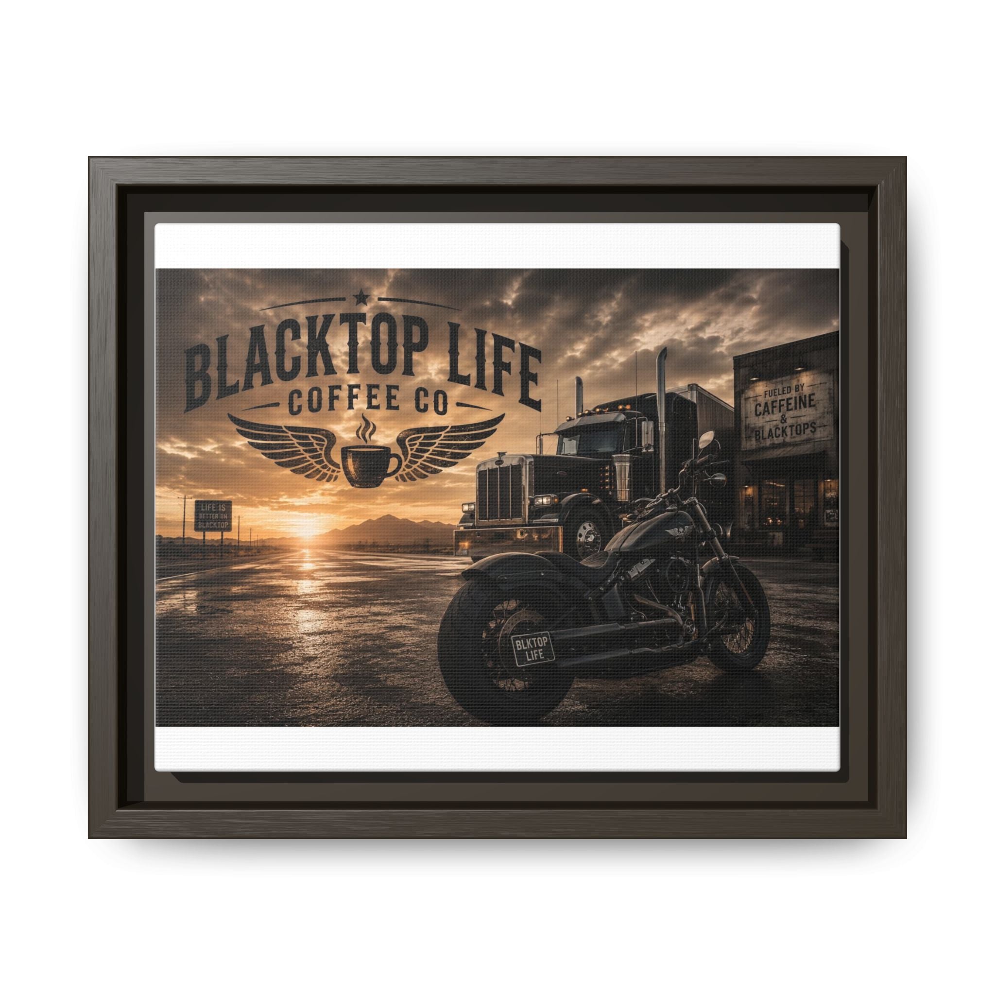 Blacktop Life Coffee Co. Matte Canvas Print — Framed Wall Art for Motorcycle & Trucker Decor