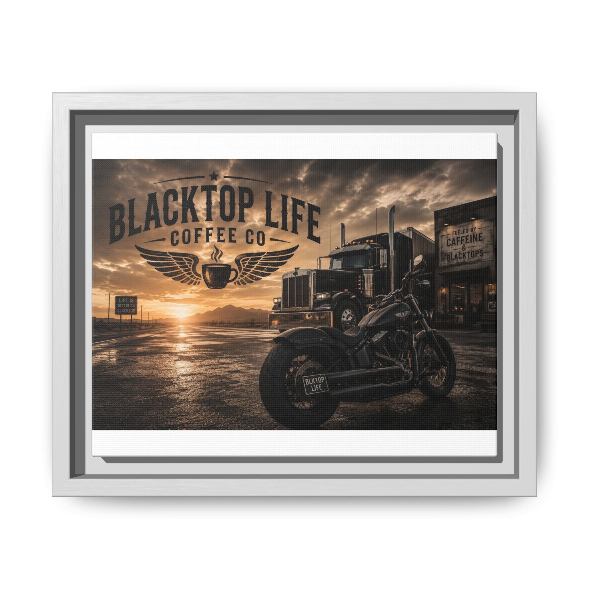 Blacktop Life Coffee Co. Matte Canvas Print — Framed Wall Art for Motorcycle & Trucker Decor